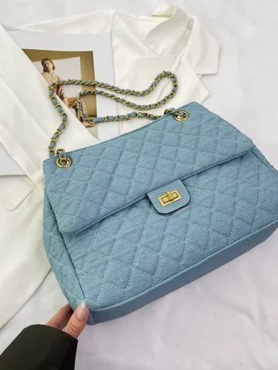 Large-capacity quilted denim bag for women