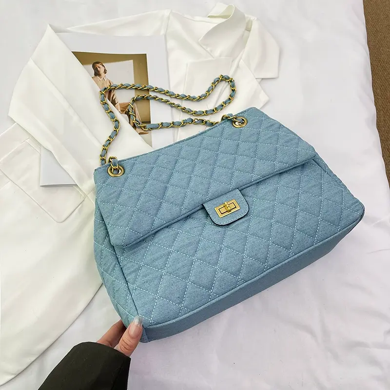 Large-capacity quilted denim bag for women