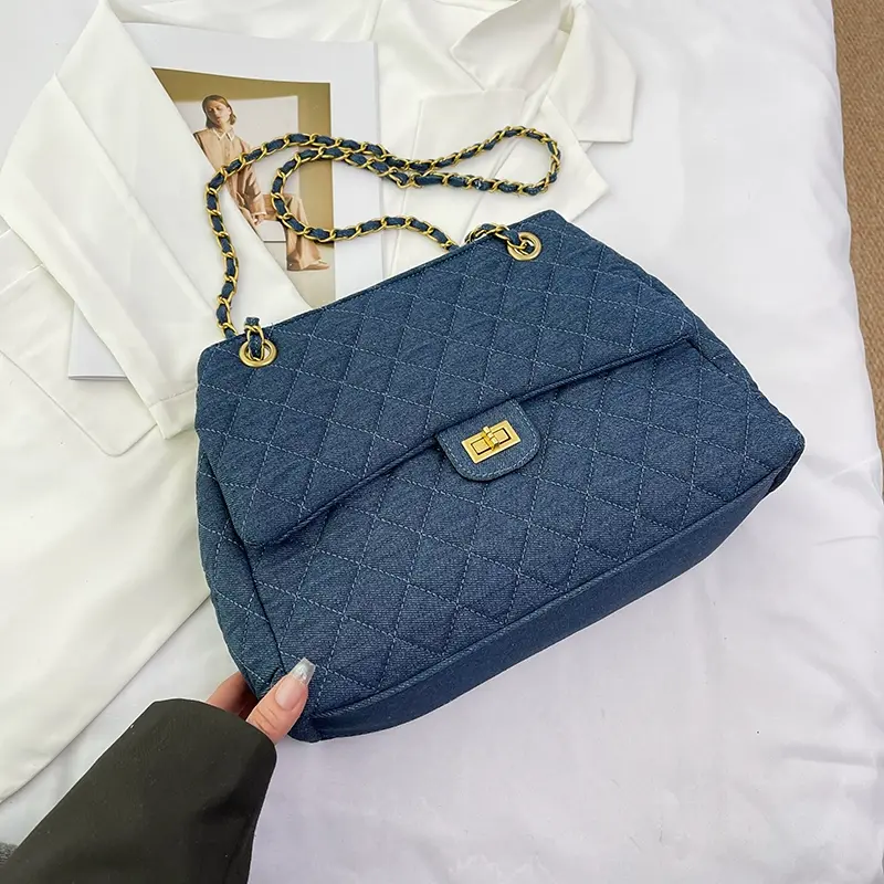 Large-capacity quilted denim bag for women