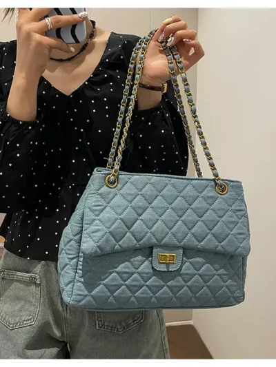 Large-capacity quilted denim bag for women