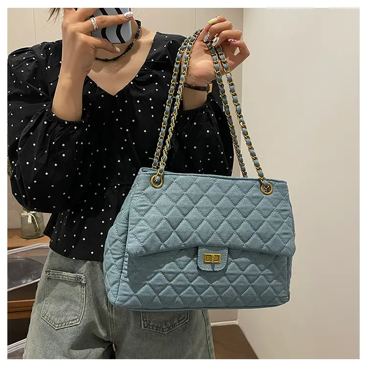 Large-capacity quilted denim bag for women