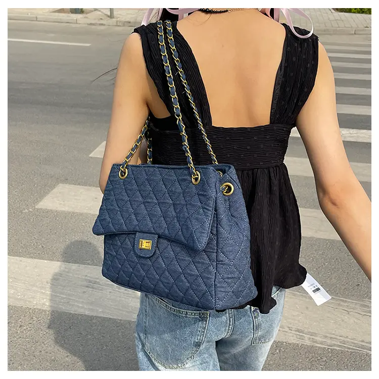 Large-capacity quilted denim bag for women