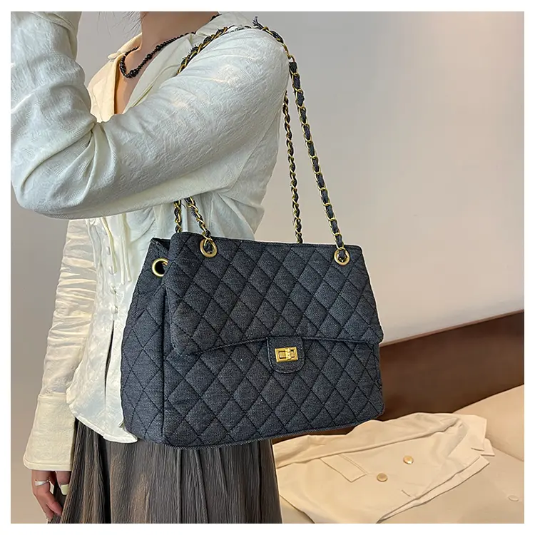 Large-capacity quilted denim bag for women