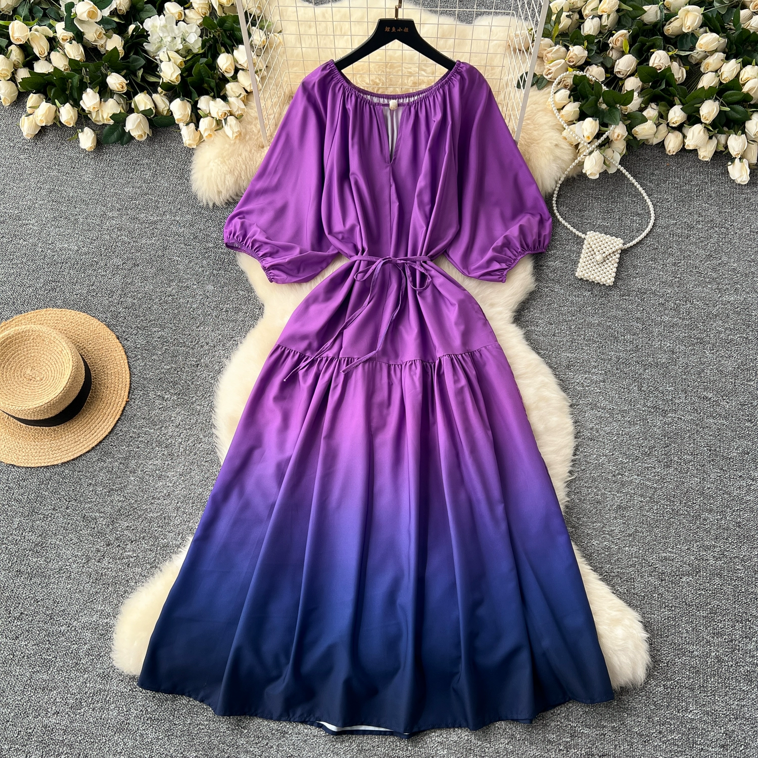 Hollow round neck lantern sleeve waist waist gradient long skirt - Image 2
