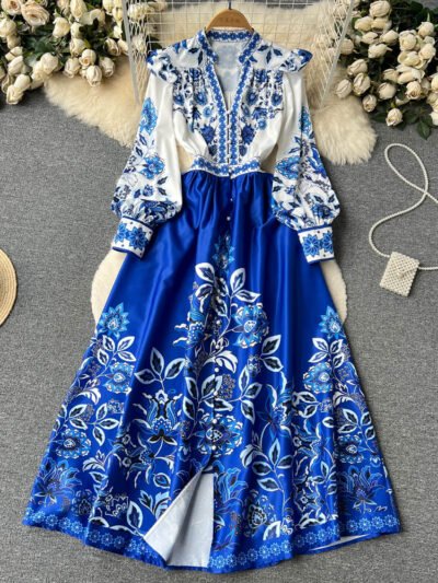 New Spring Resort Style V-neck Puff Sleeve Printed Dress