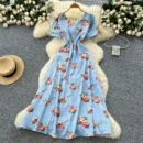 French design square neck strap waist puff sleeve printed dress - Pink flowers on blue background