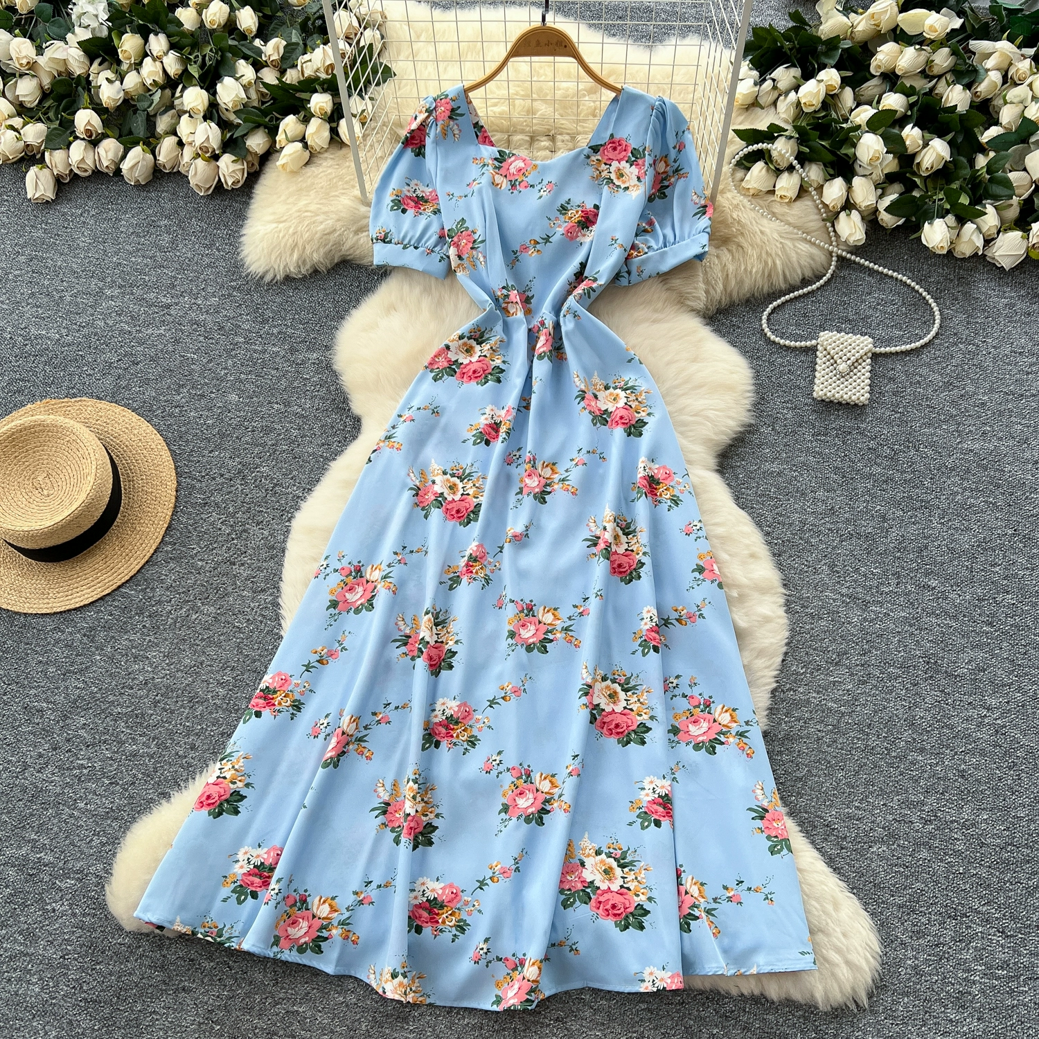 French design square neck strap waist puff sleeve printed dress - Image 4