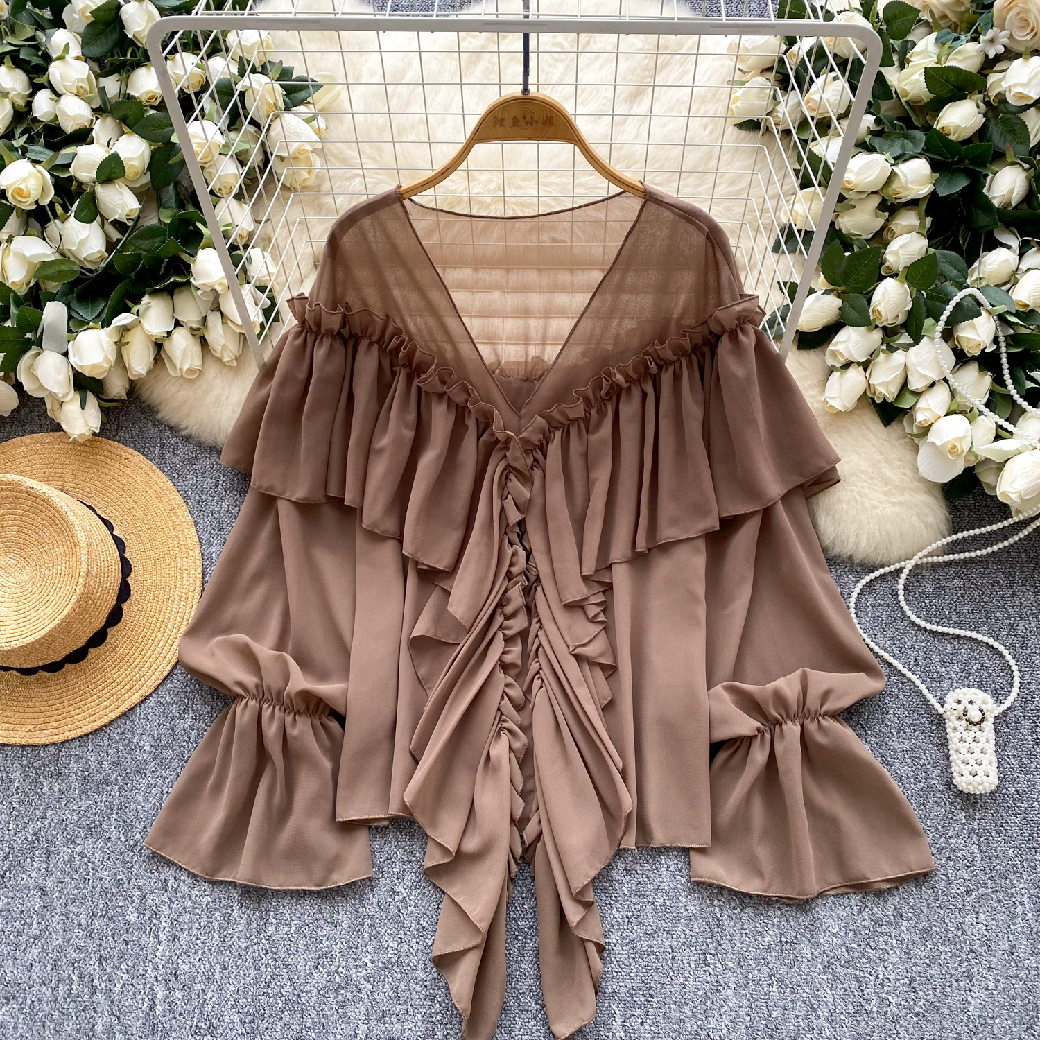 Ruffled trim, bell sleeves, chiffon blouse, loose fit. - Image 8