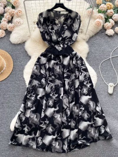 French light luxury retro sleeveless V-neck printed dress