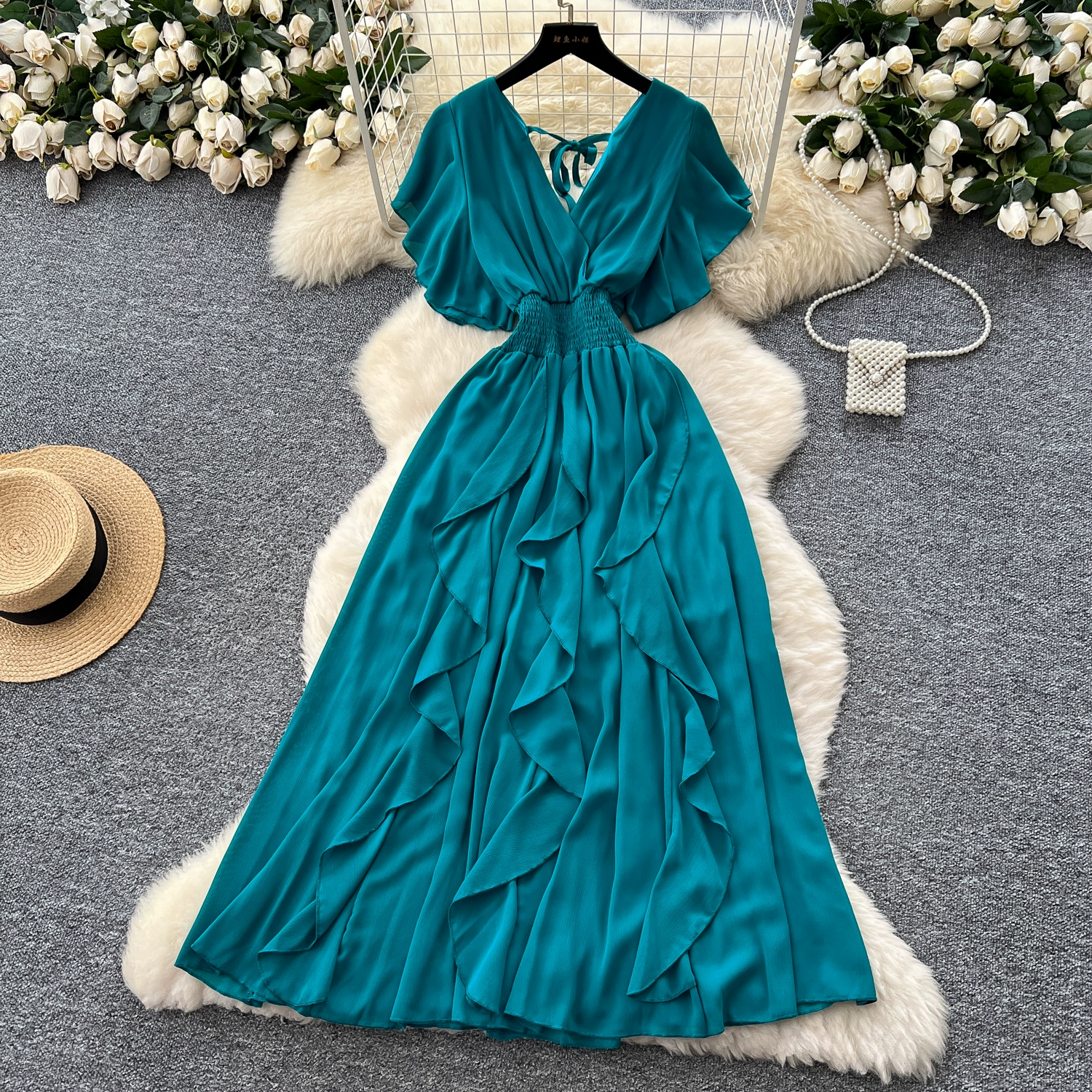 V-neck small flying sleeves waist chiffon dress - Image 6