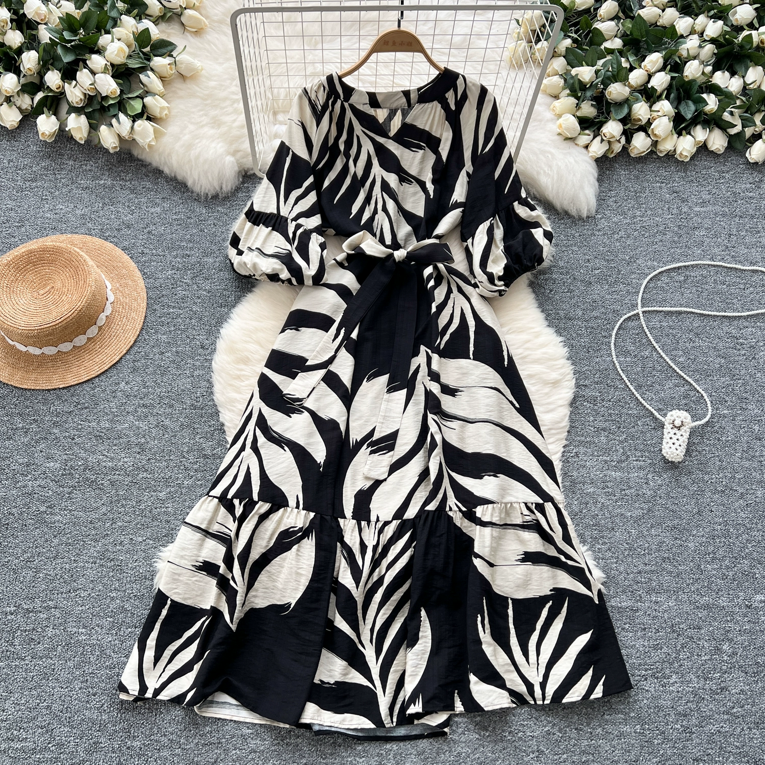 Retro V-neck Lantern Sleeves Belted Waist Temperament French Long Print Dress - Image 6