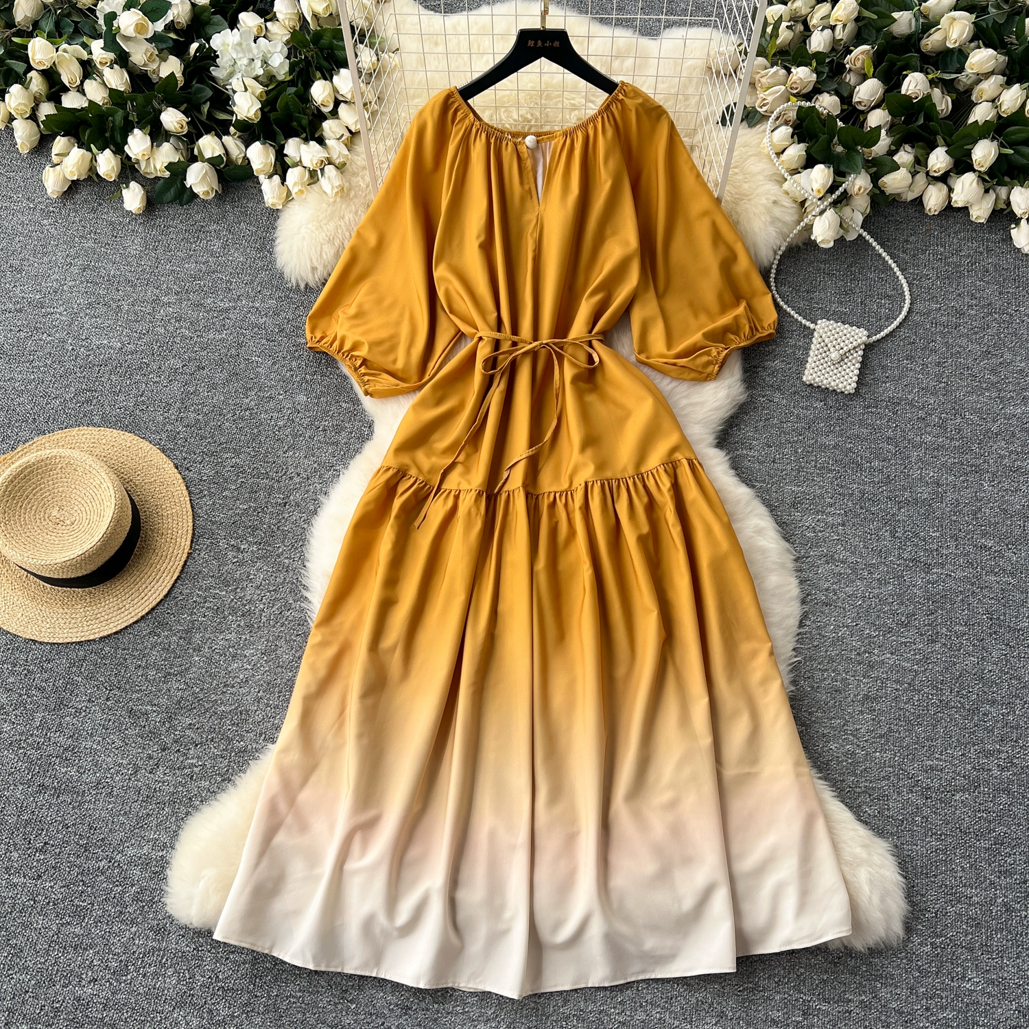 Hollow round neck lantern sleeve waist waist gradient long skirt - Image 8