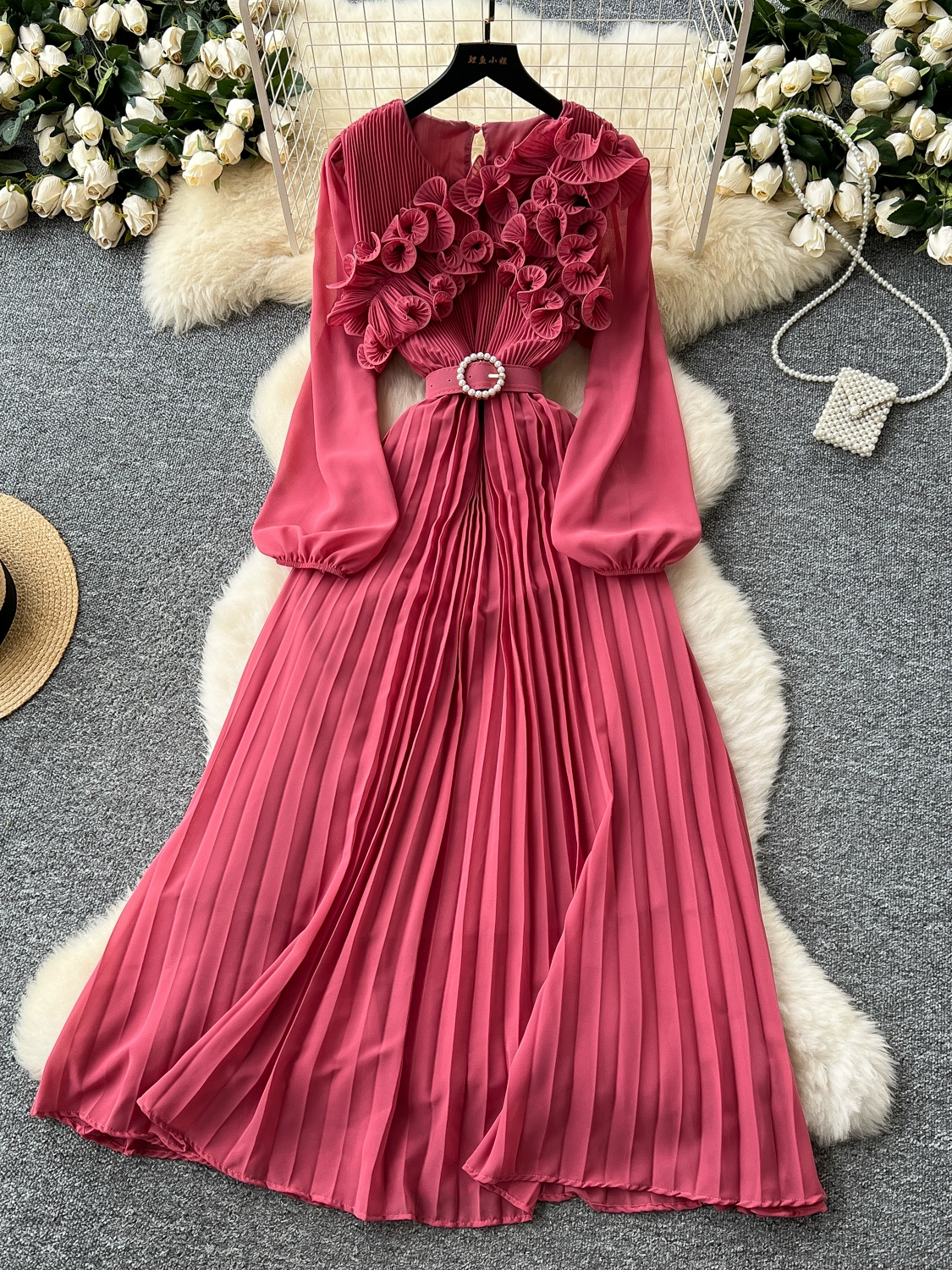 Three-dimensional lace lantern sleeve strap waist slimming pleated dress - Image 3