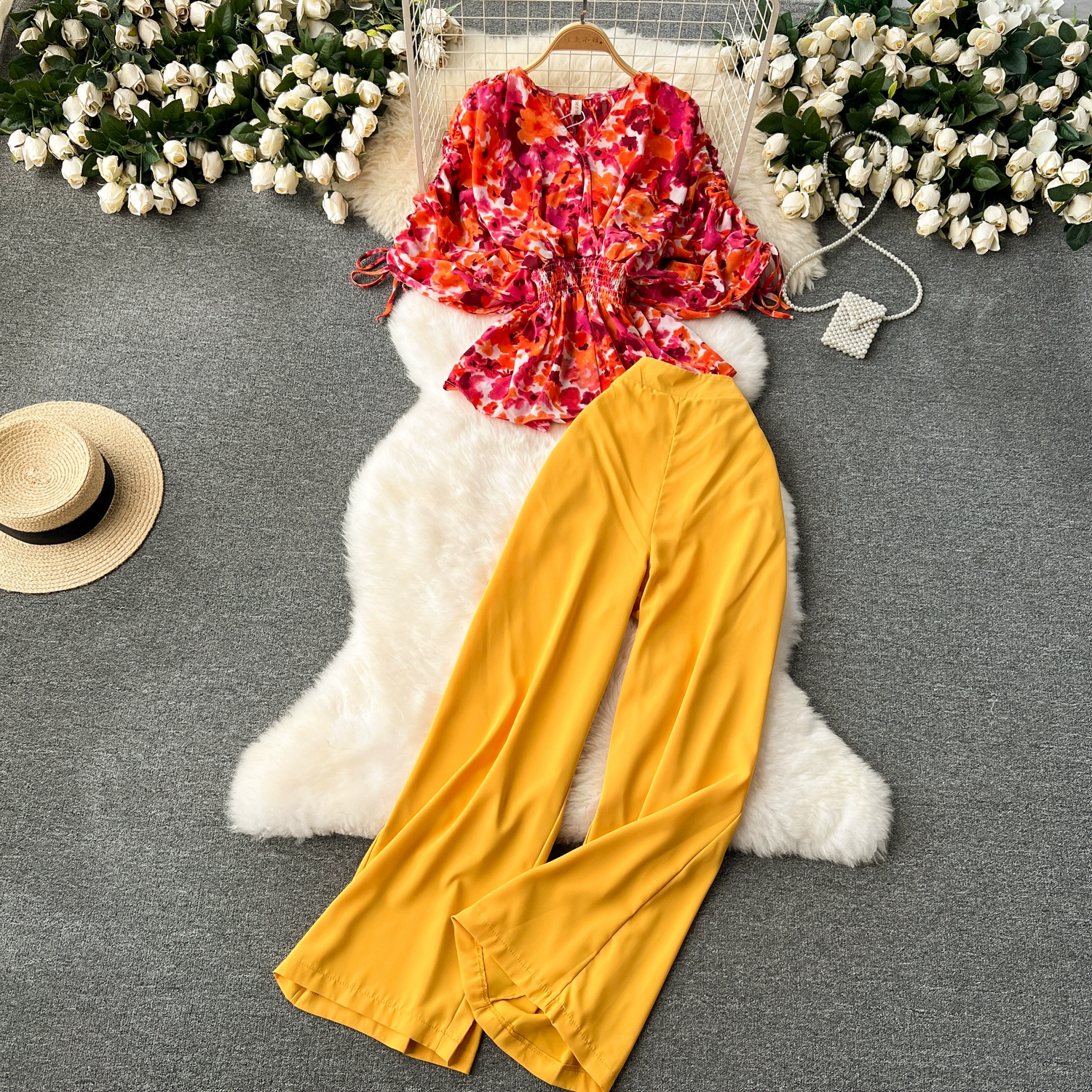 High-waisted wide-leg pants and fashionable two-piece suit - Image 8