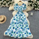 French design square neck strap waist puff sleeve printed dress - Blue flowers on white background