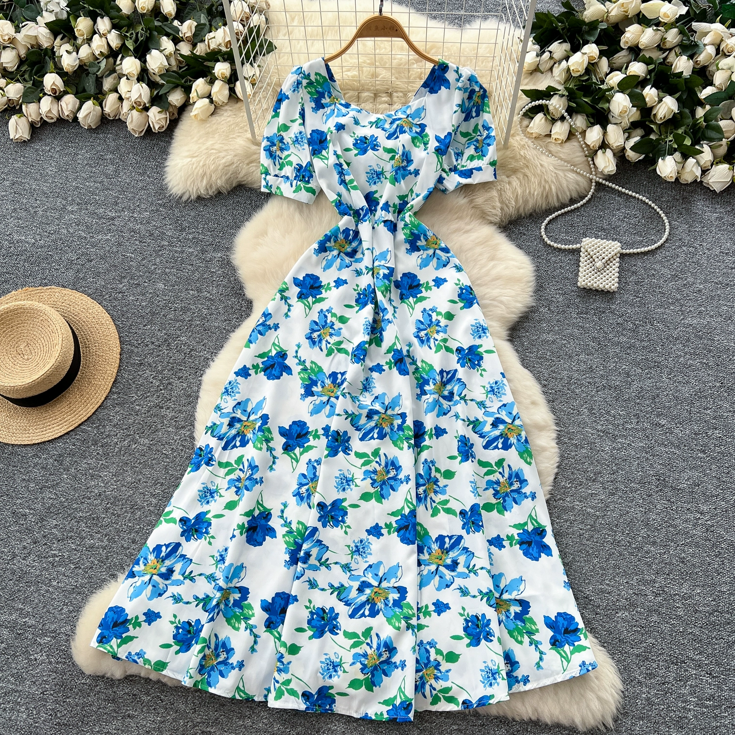 French design square neck strap waist puff sleeve printed dress - Image 6