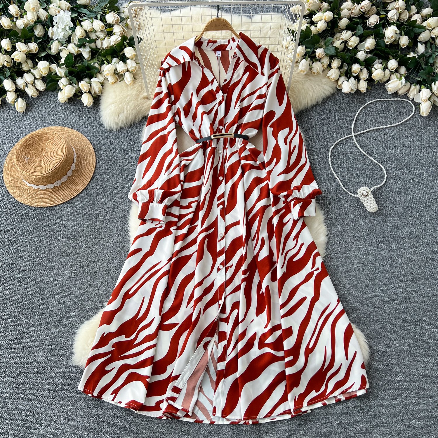 Autumn French retro print dress - Image 4