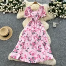 French design square neck strap waist puff sleeve printed dress - pink