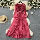 Three-dimensional lace lantern sleeve strap waist slimming pleated dress - pink