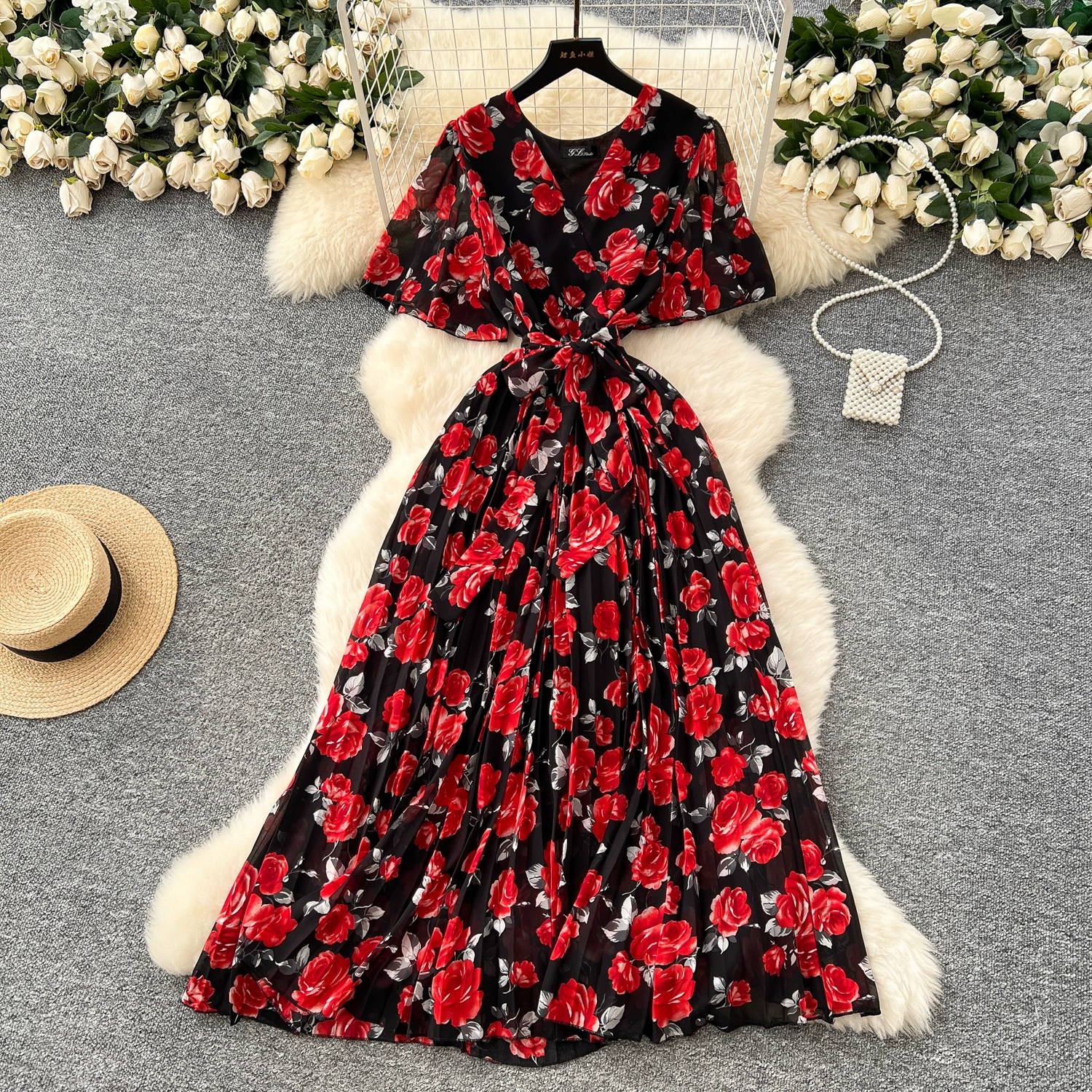 V-neck trumpet sleeves slimming temperament printed chiffon dress - Image 7