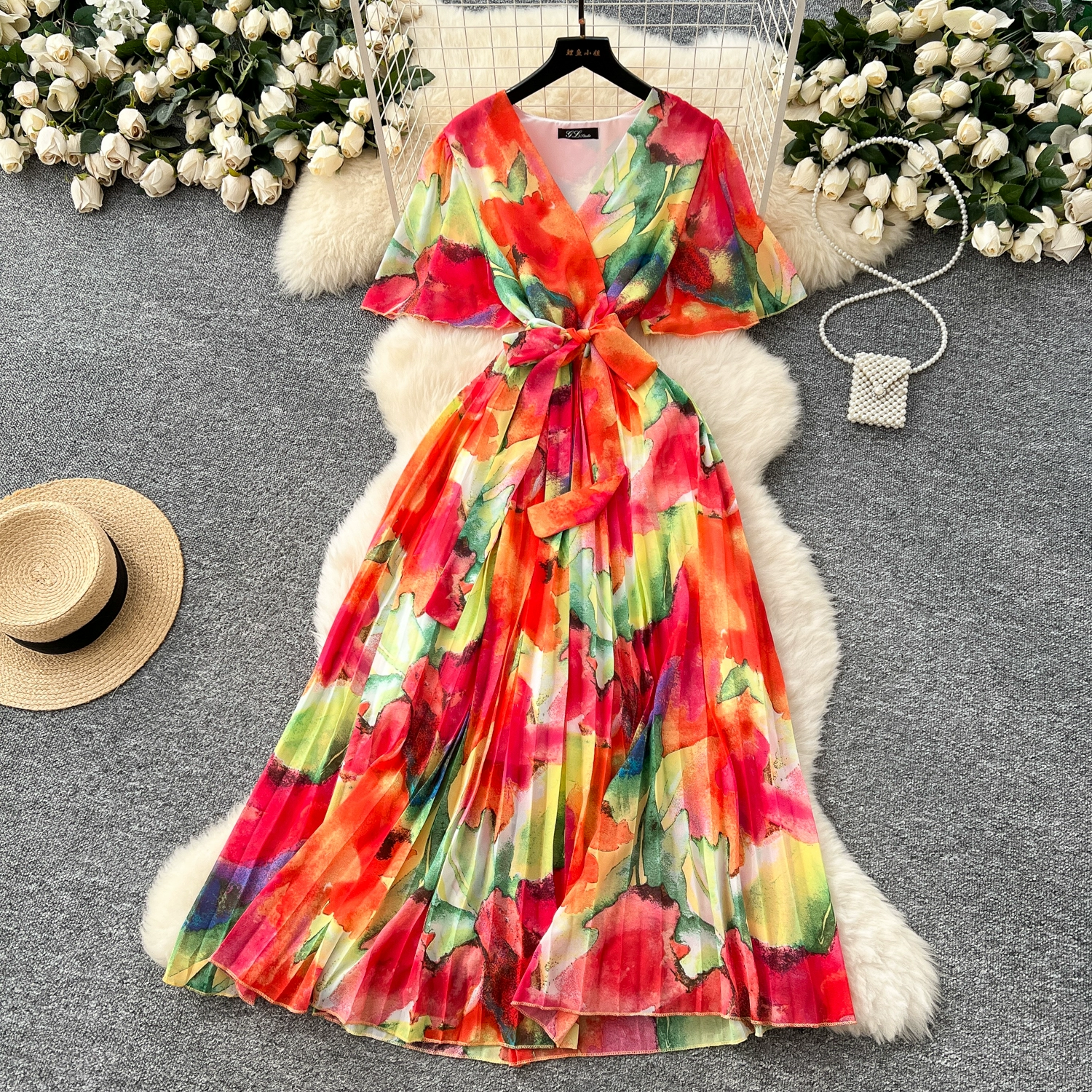 V-neck trumpet sleeves slimming temperament printed chiffon dress - Image 2