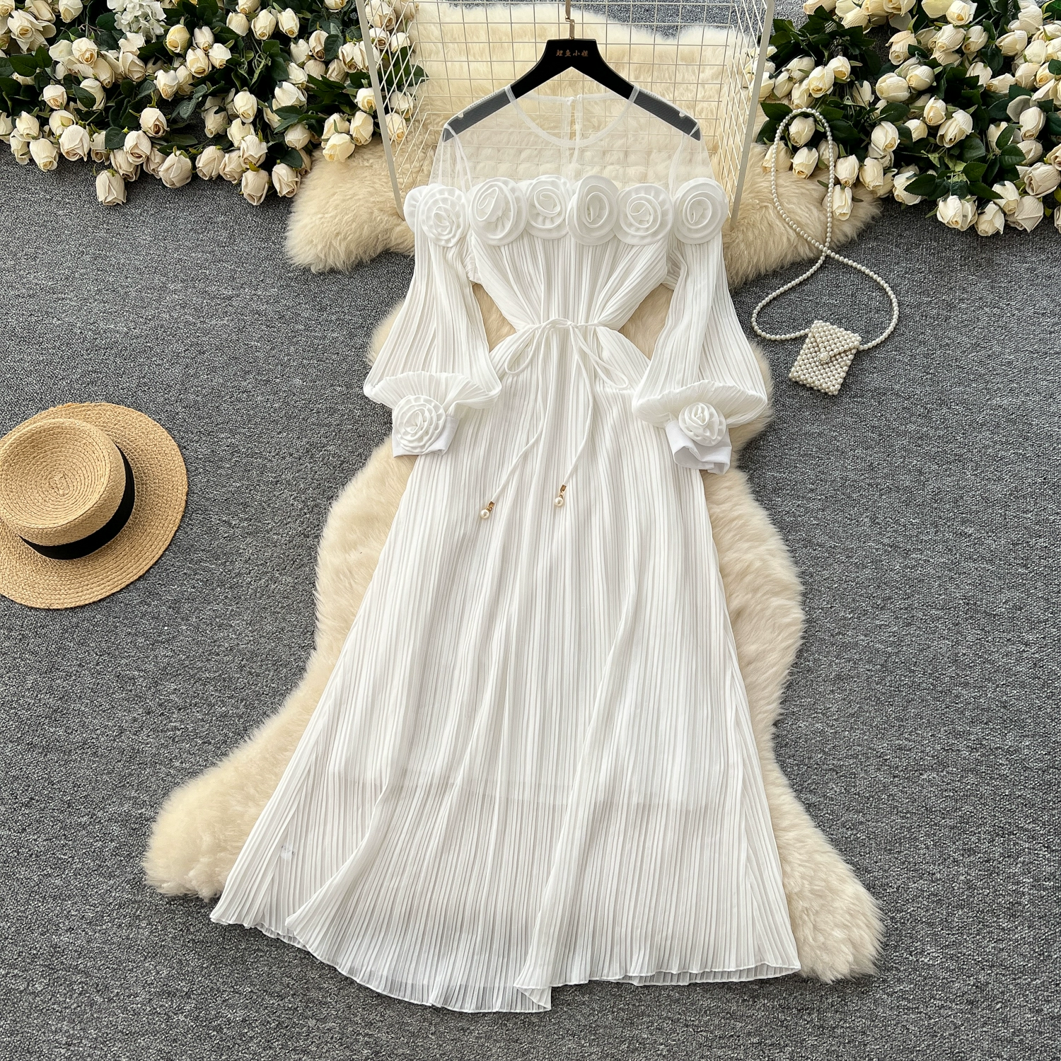 French high-end three-dimensional flower mesh splicing long-sleeved waist pleated dress - Image 2
