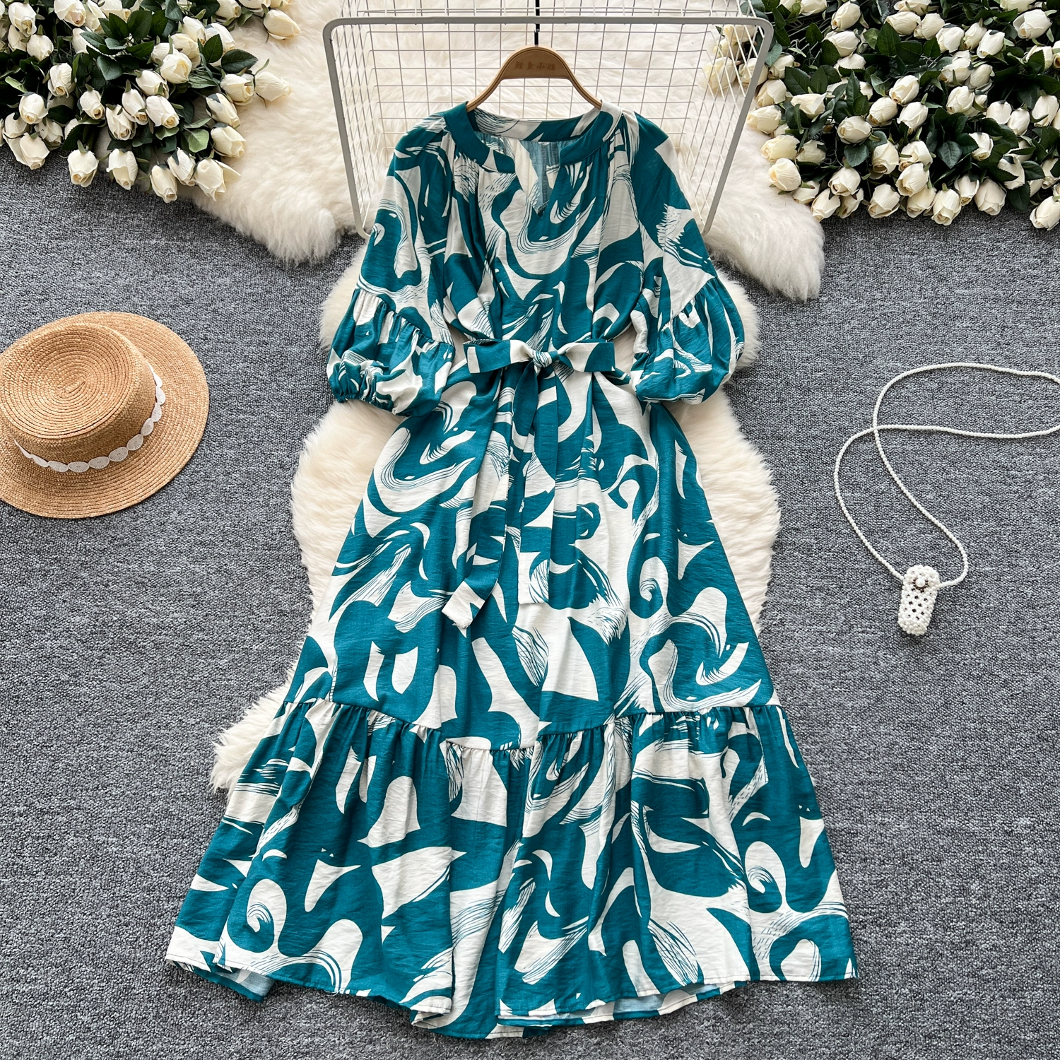 Retro V-neck Lantern Sleeves Belted Waist Temperament French Long Print Dress - Image 9