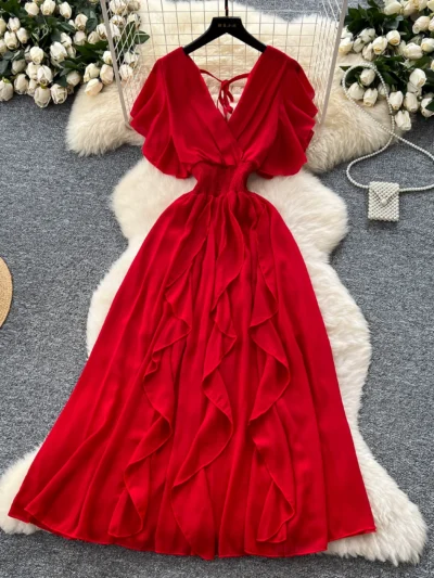 V-neck small flying sleeves waist chiffon dress