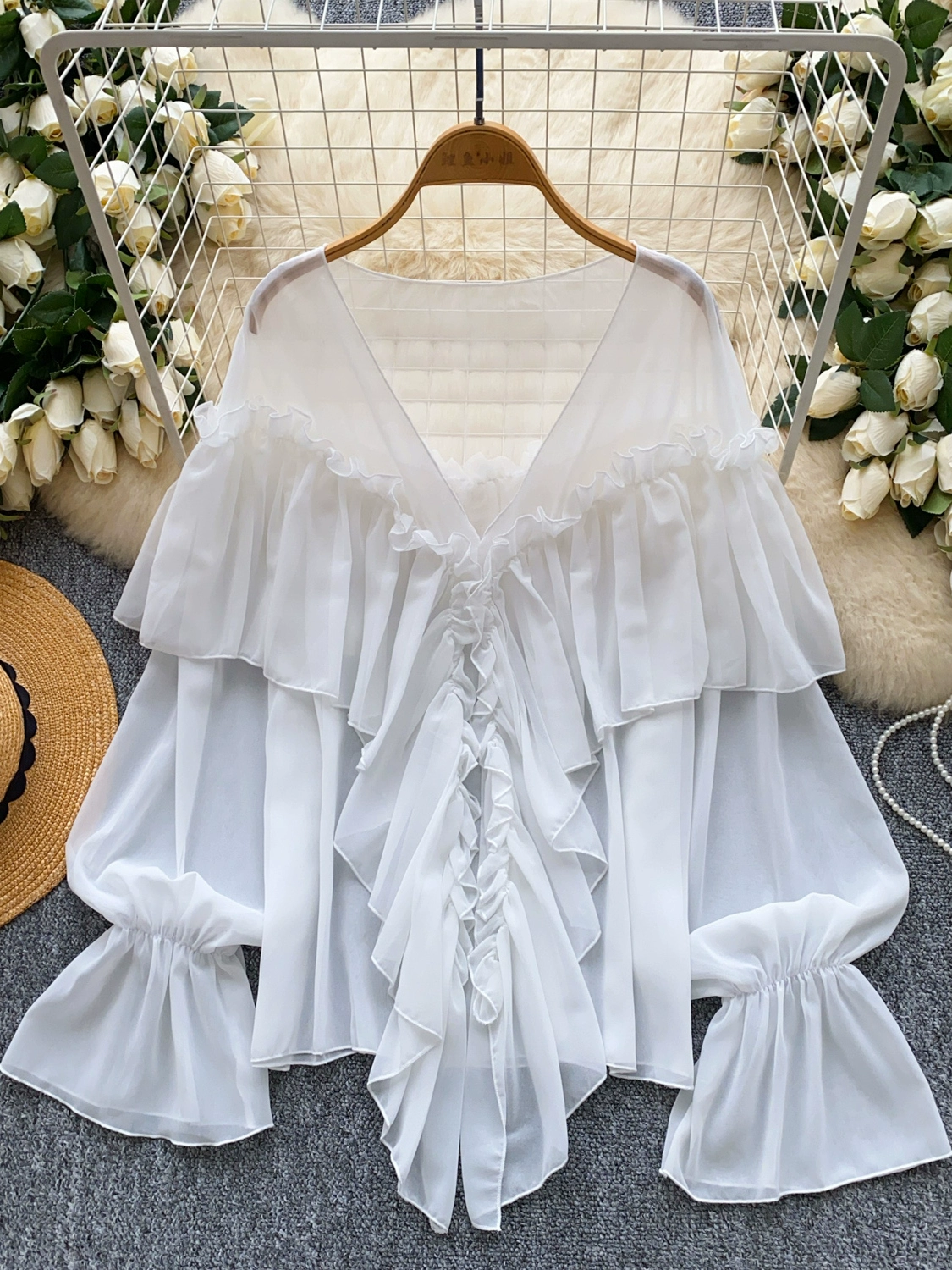 Ruffled trim, bell sleeves, chiffon blouse, loose fit. - Image 3