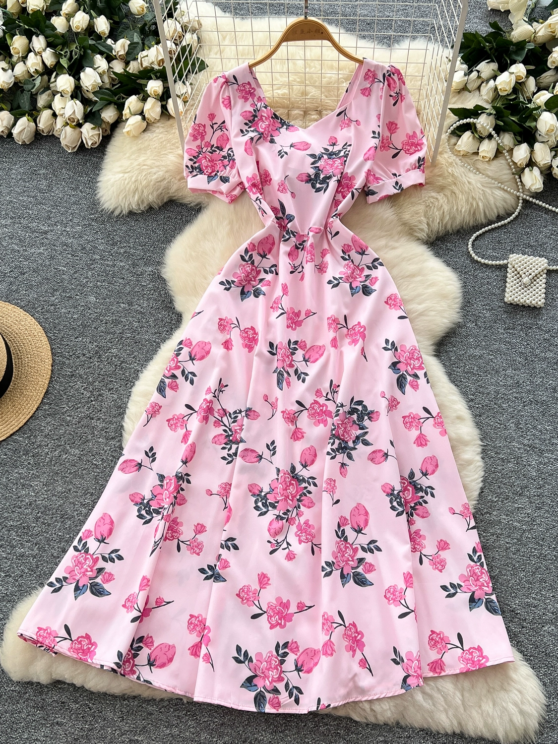 French design square neck strap waist puff sleeve printed dress