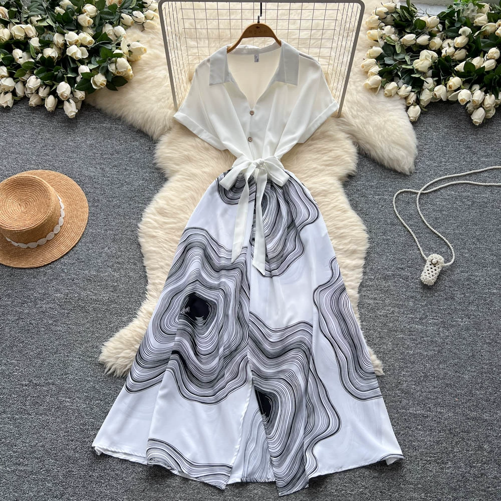 Strappy waist lapel short-sleeved printed dress - Image 3