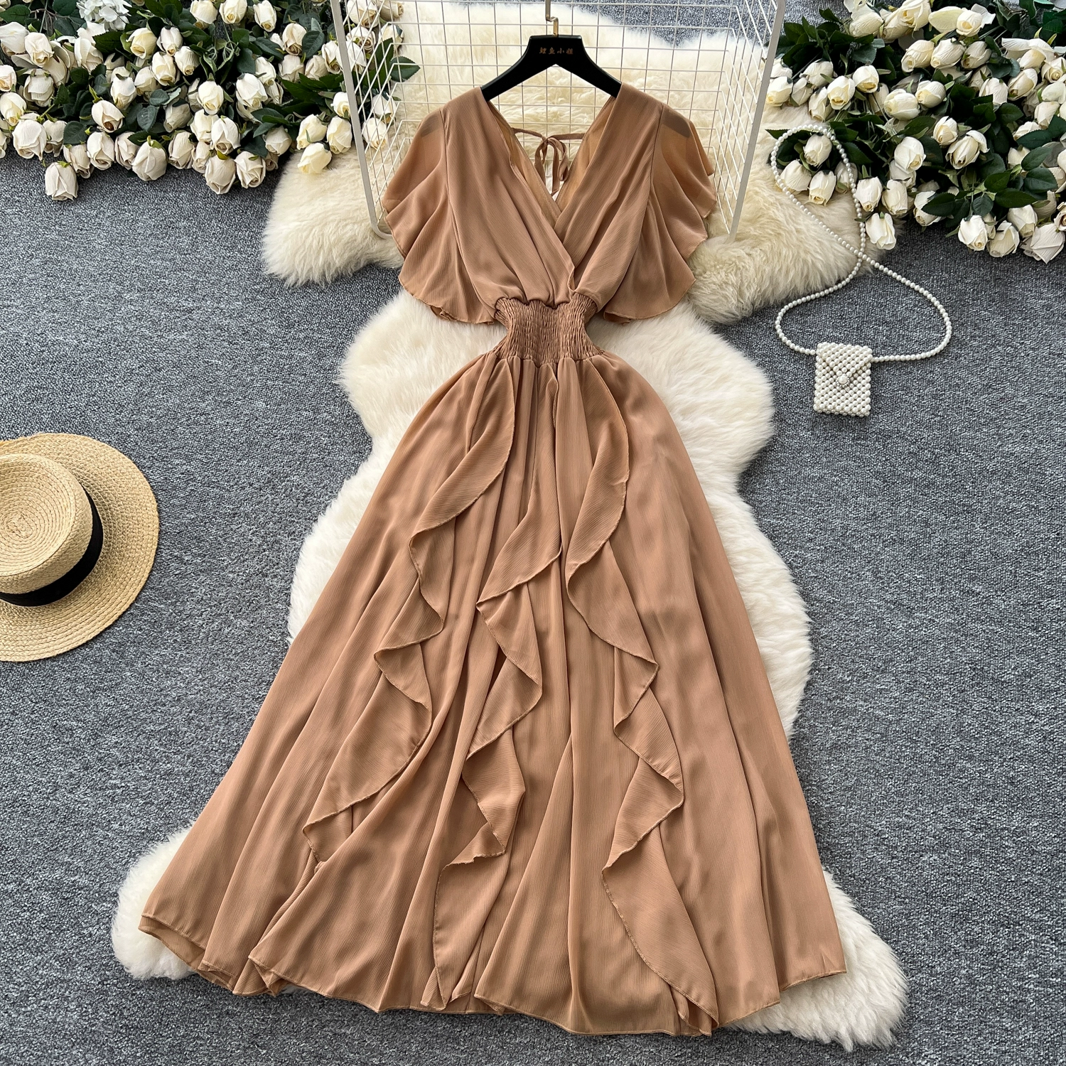 V-neck small flying sleeves waist chiffon dress - Image 8