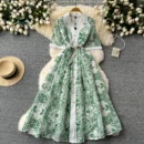 Retro elegant lace embroidery waist long dress