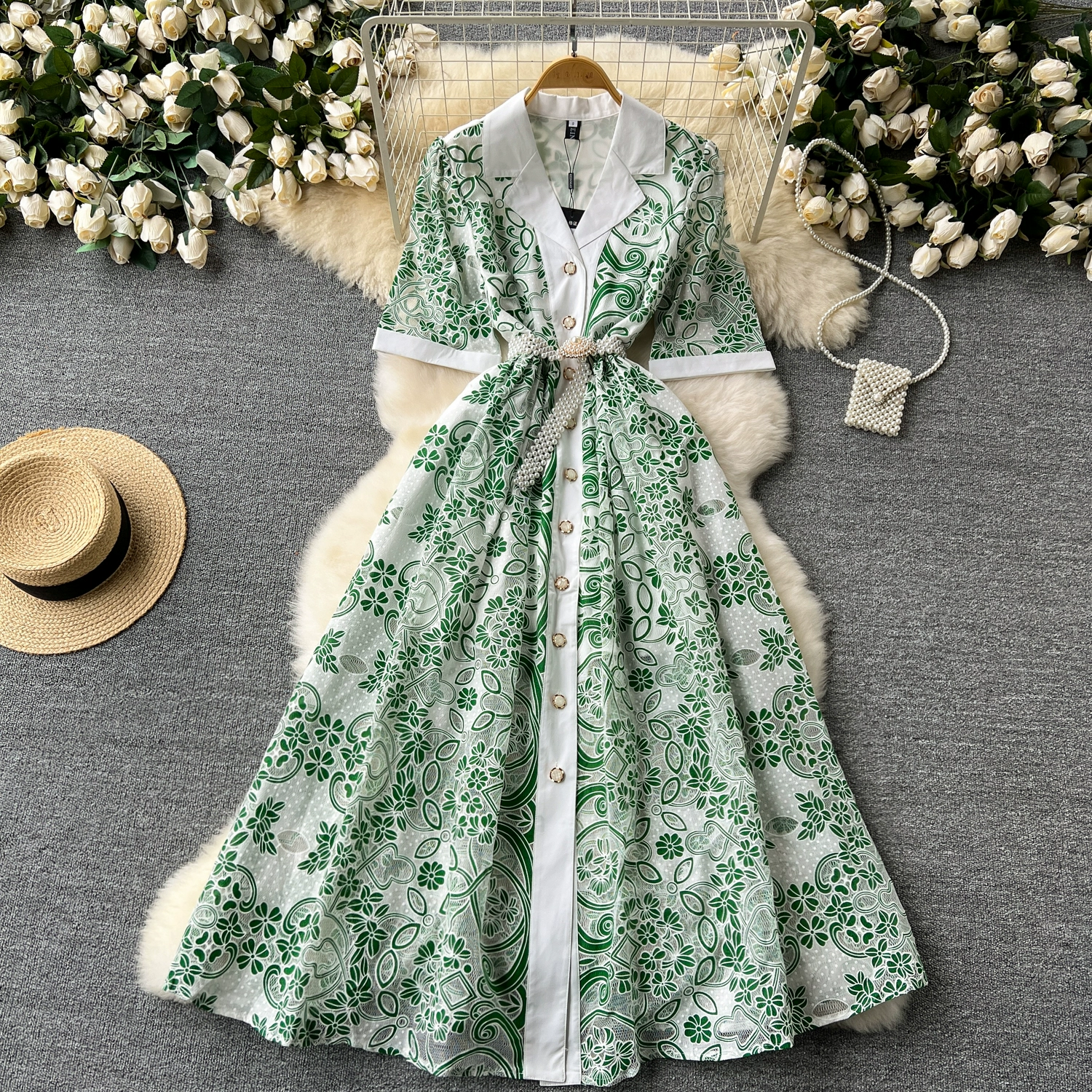 Retro elegant lace embroidery waist long dress