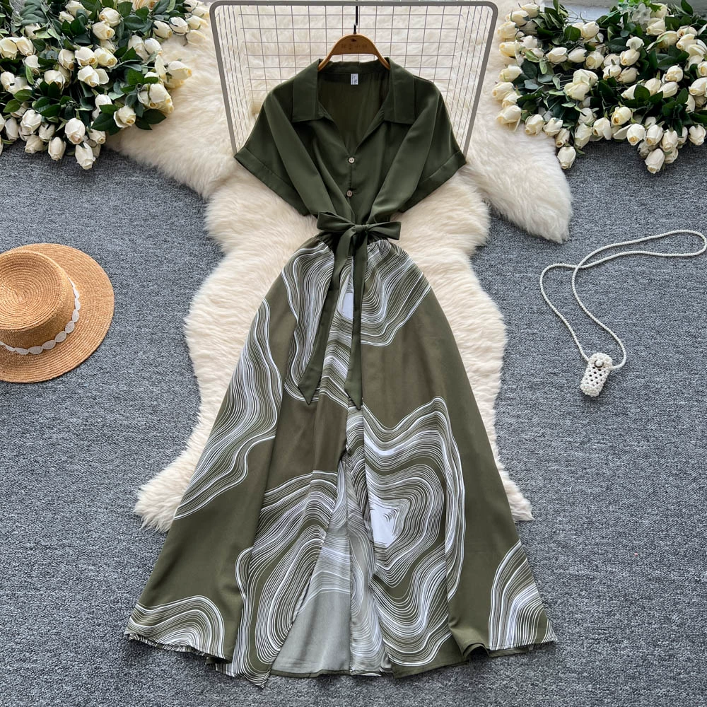 Strappy waist lapel short-sleeved printed dress - Image 4