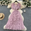 V-neck small flying sleeves waist chiffon dress - purple pink