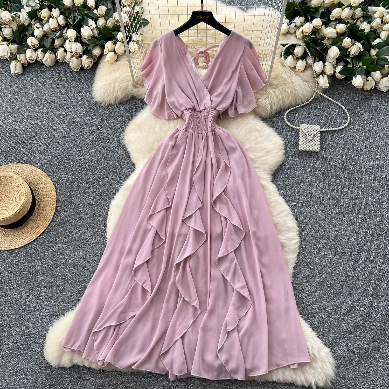 V-neck small flying sleeves waist chiffon dress - Image 4