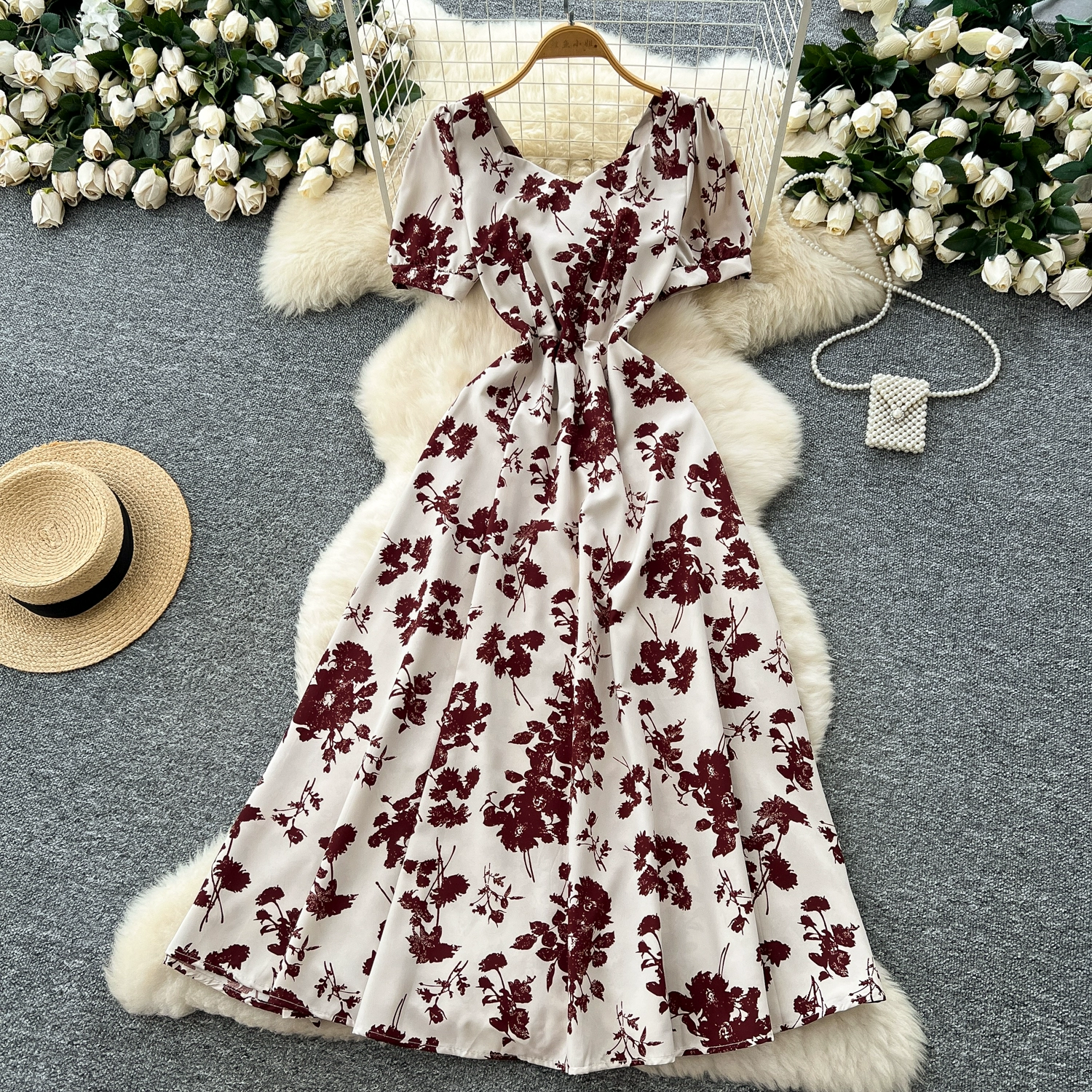 French design square neck strap waist puff sleeve printed dress - Image 10