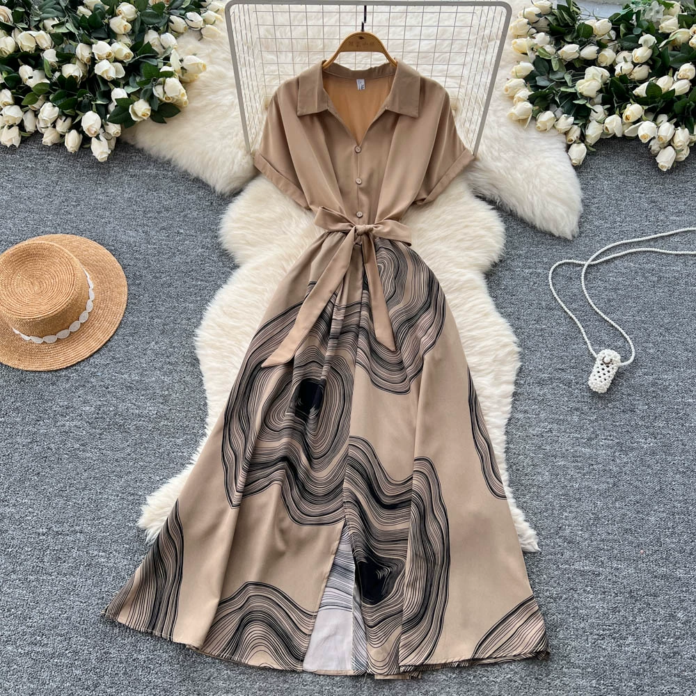 Strappy waist lapel short-sleeved printed dress - Image 7