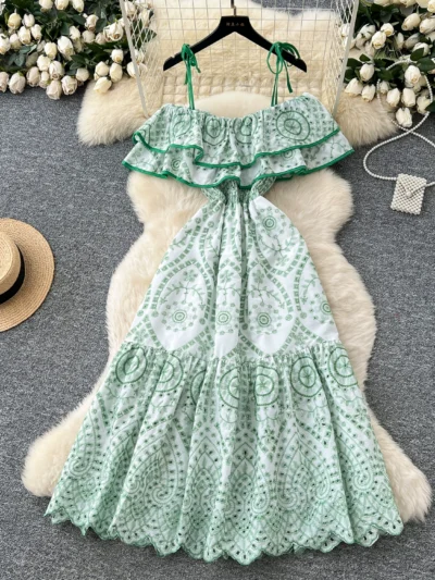 French scheming design one-shoulder strap ruffled patchwork waist dress