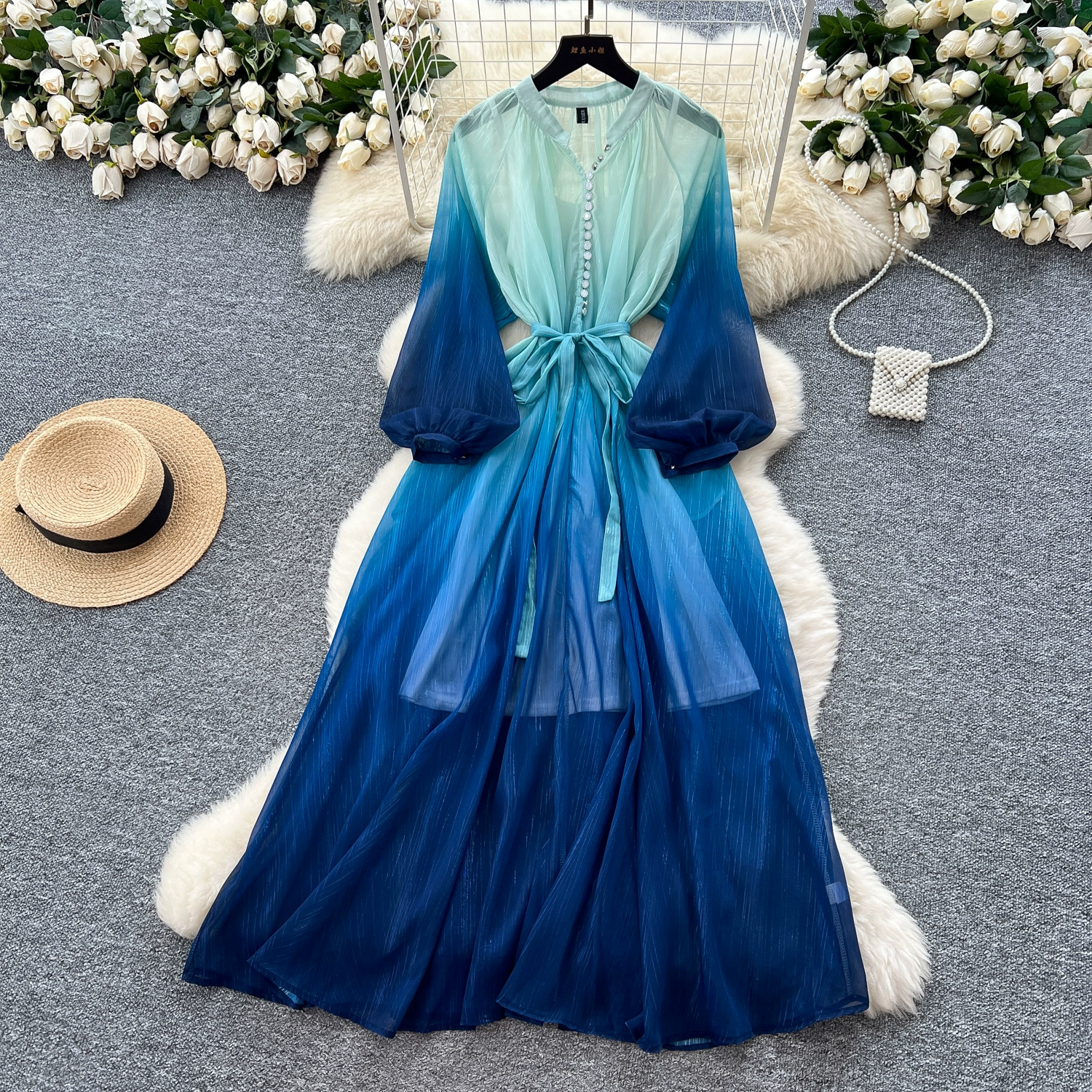 Gradient mesh long skirt with suspenders - Image 5