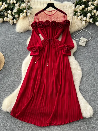 French high-end three-dimensional flower mesh splicing long-sleeved waist pleated dress