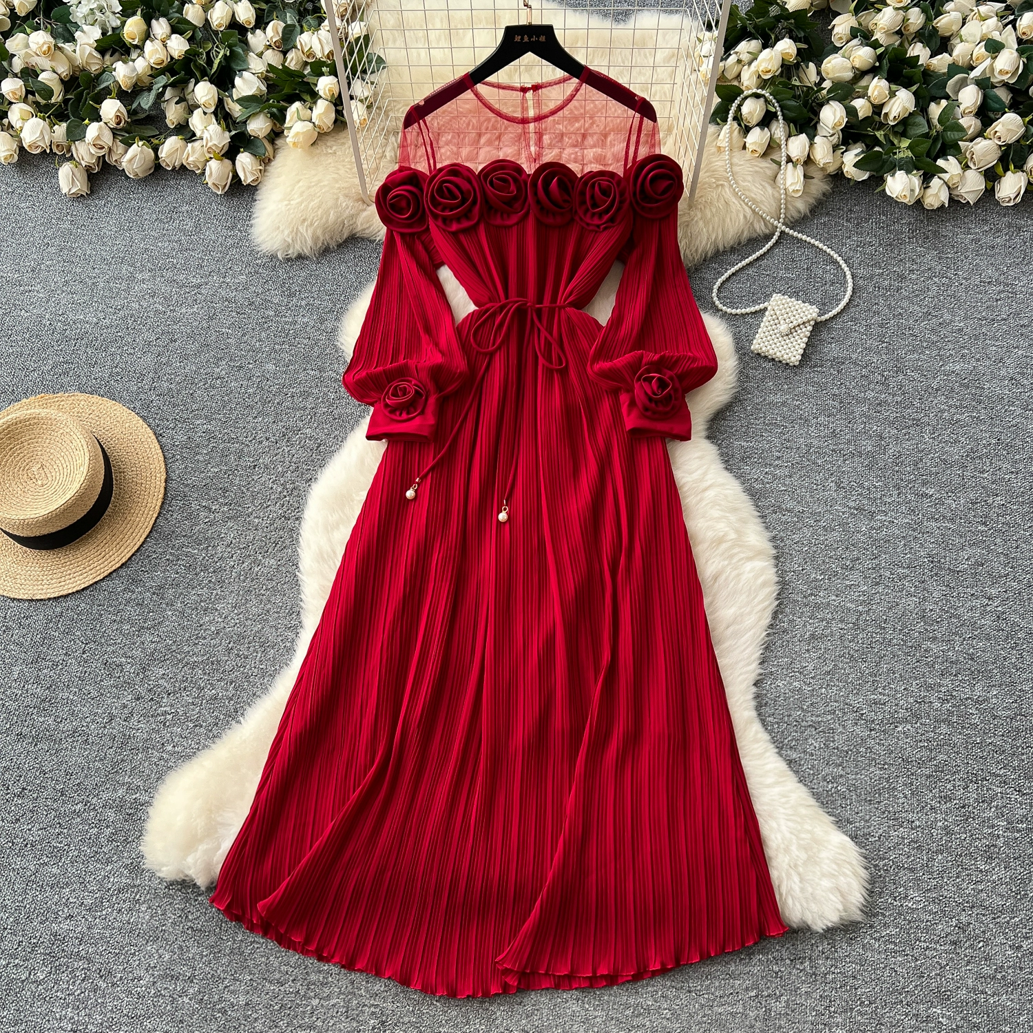 French high-end three-dimensional flower mesh splicing long-sleeved waist pleated dress
