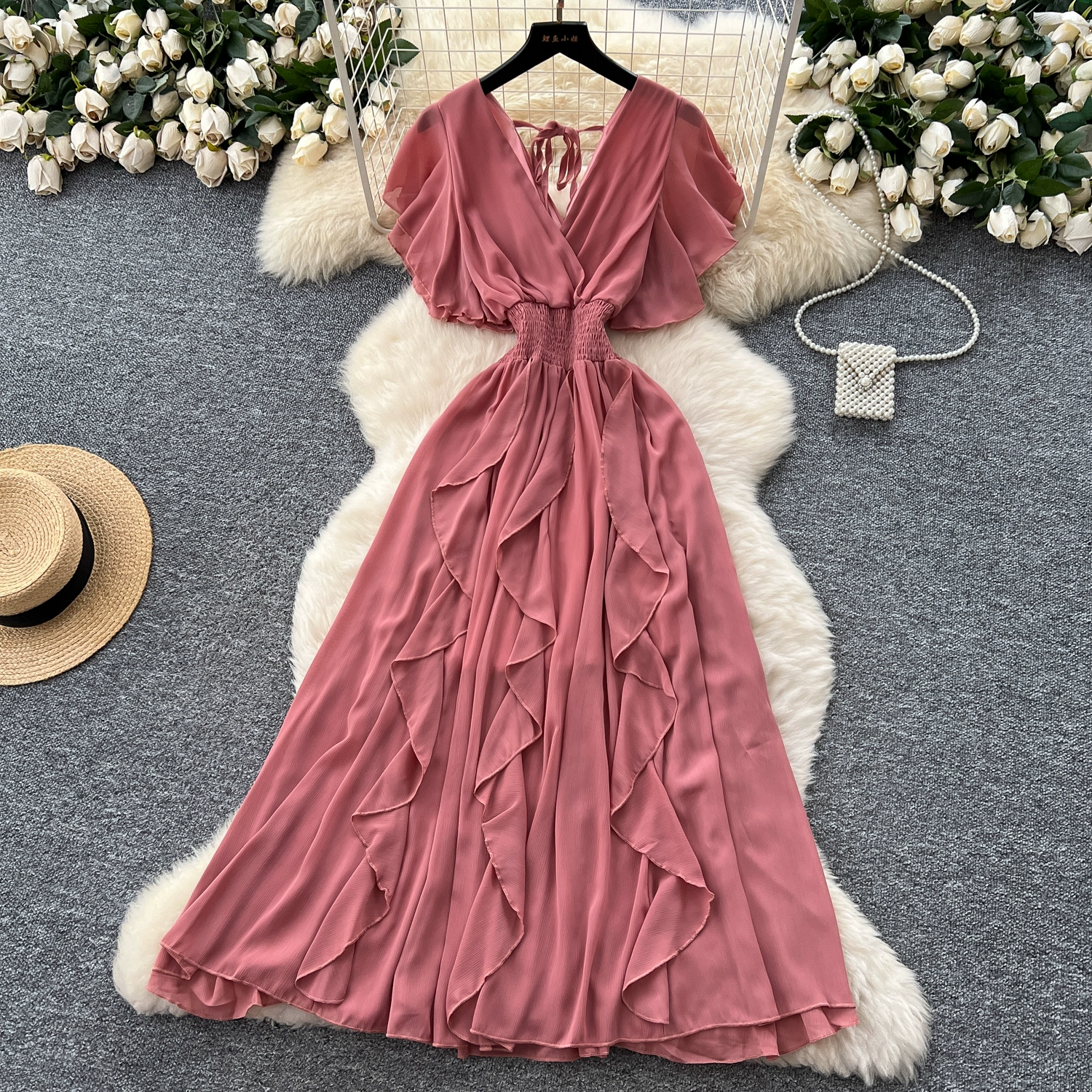 V-neck small flying sleeves waist chiffon dress - Image 3