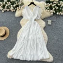 V-neck small flying sleeves waist chiffon dress - White