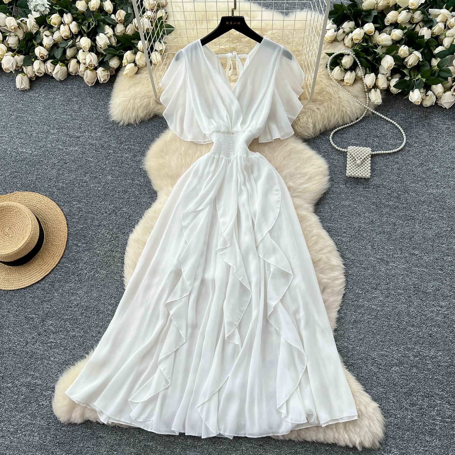 V-neck small flying sleeves waist chiffon dress - Image 5