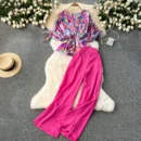 High-waisted wide-leg pants and fashionable two-piece suit - rose red