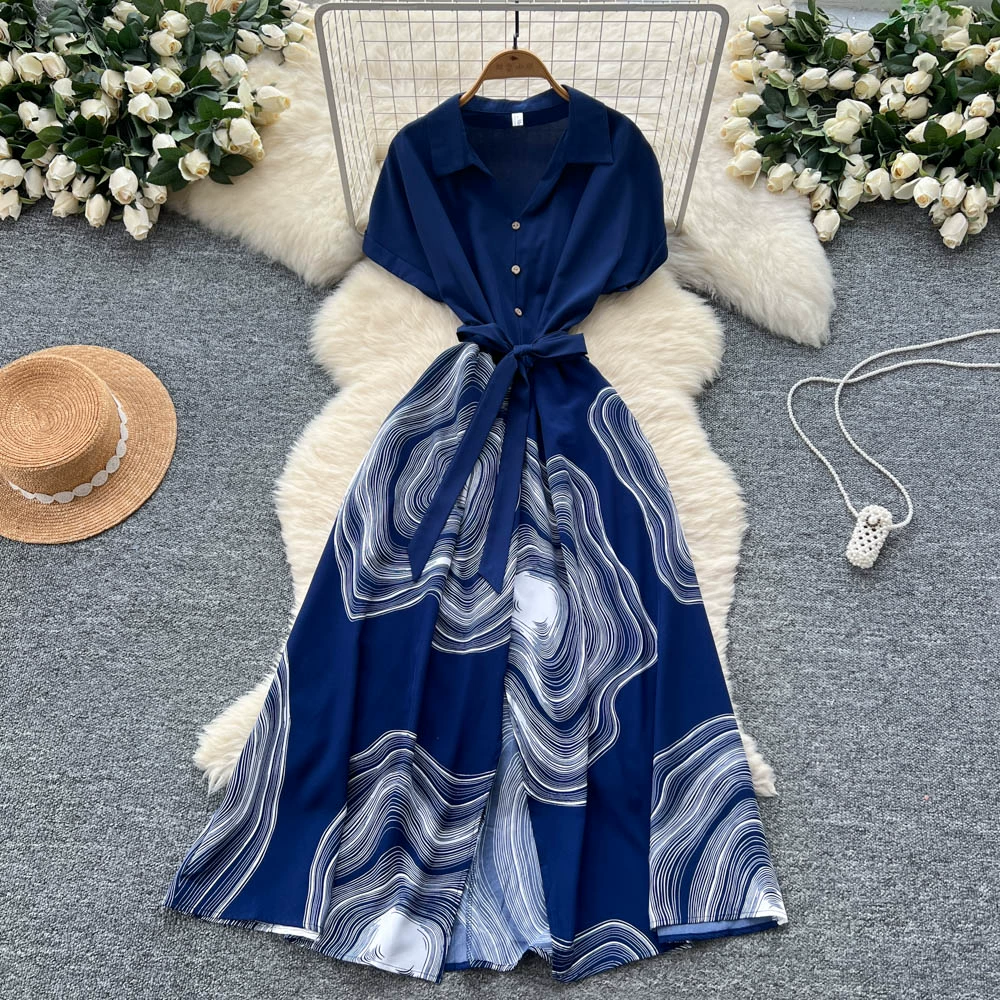 Strappy waist lapel short-sleeved printed dress