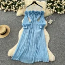 French high-end three-dimensional flower mesh splicing long-sleeved waist pleated dress - blue