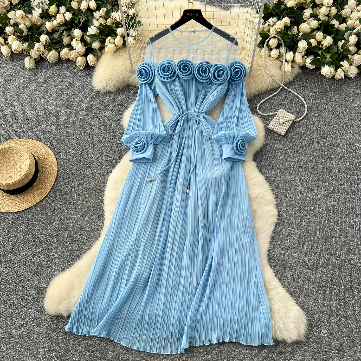 French high-end three-dimensional flower mesh splicing long-sleeved waist pleated dress - Image 6